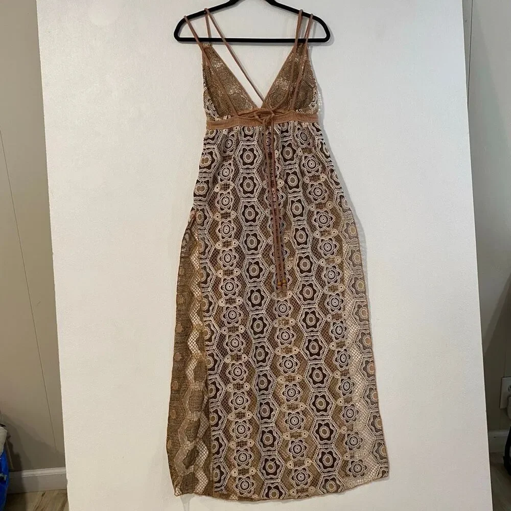 Free People XS Crochet Lace Maxi Cover Up Brown Boho Beach Resort